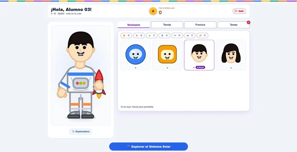 La sala del alumno: su avatar, el vestuario, la tienda, los premios y sus tareas